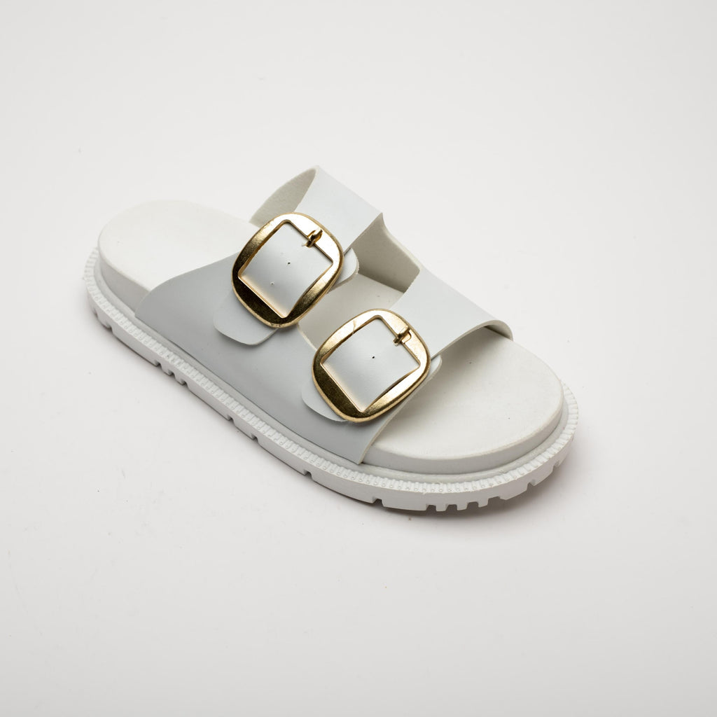 Mary White Gold Buckle Thick Sole Women's Slippers