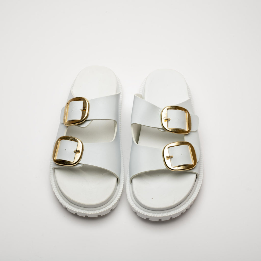 Mary White Gold Buckle Thick Sole Women's Slippers