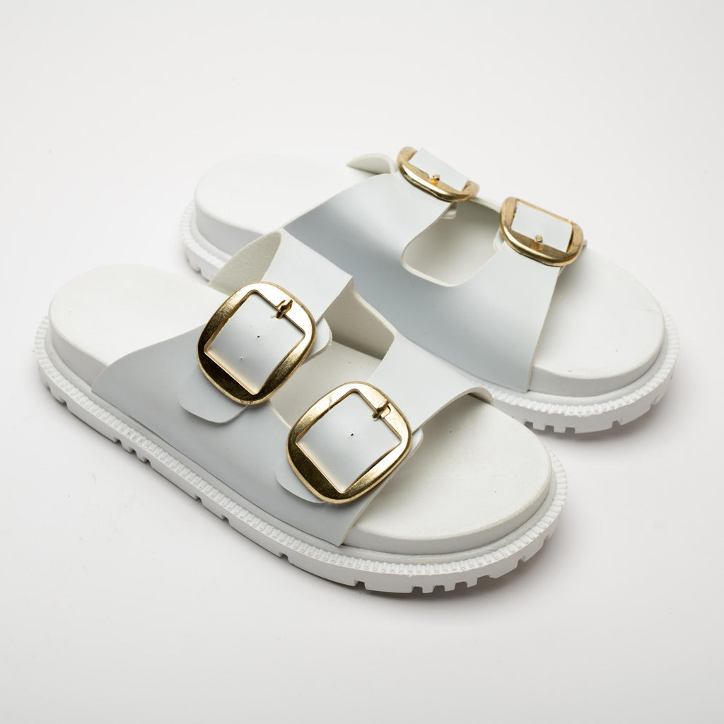 Mary White Gold Buckle Thick Sole Women's Slippers