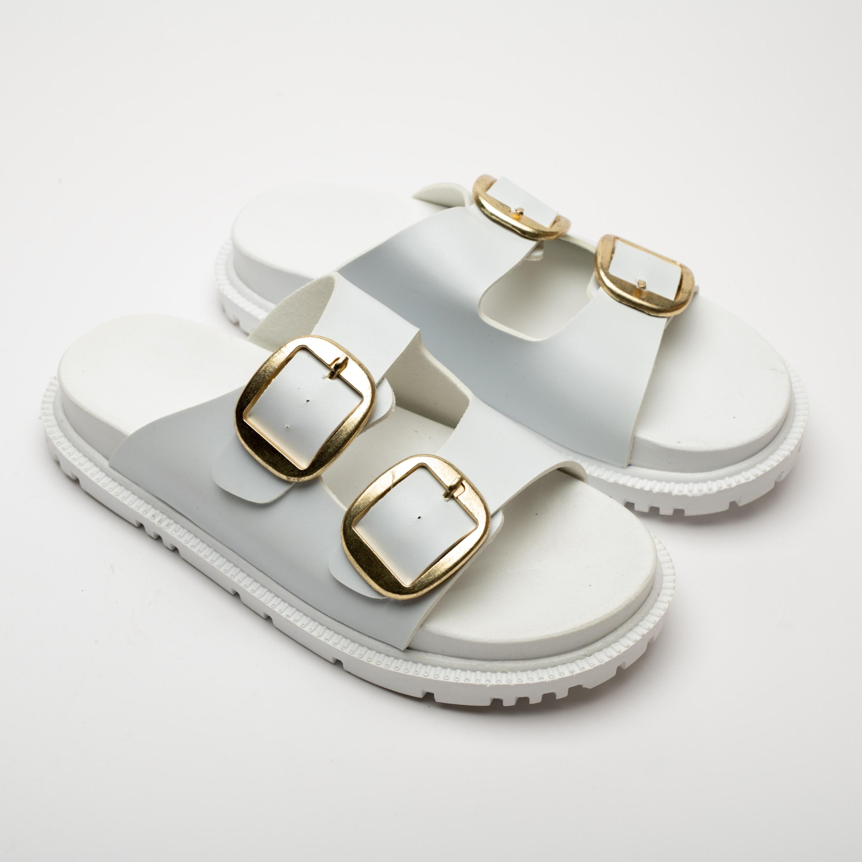 Mary White Gold Buckle Thick Sole Women's Slippers