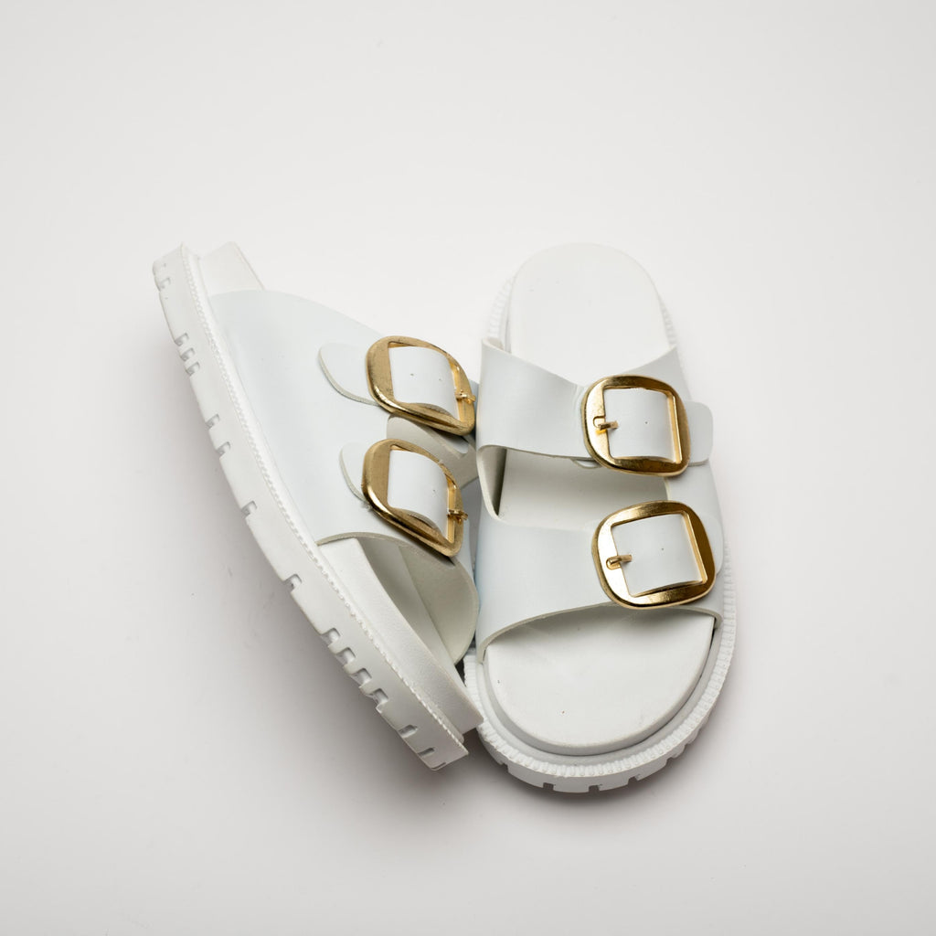 Mary White Gold Buckle Thick Sole Women's Slippers