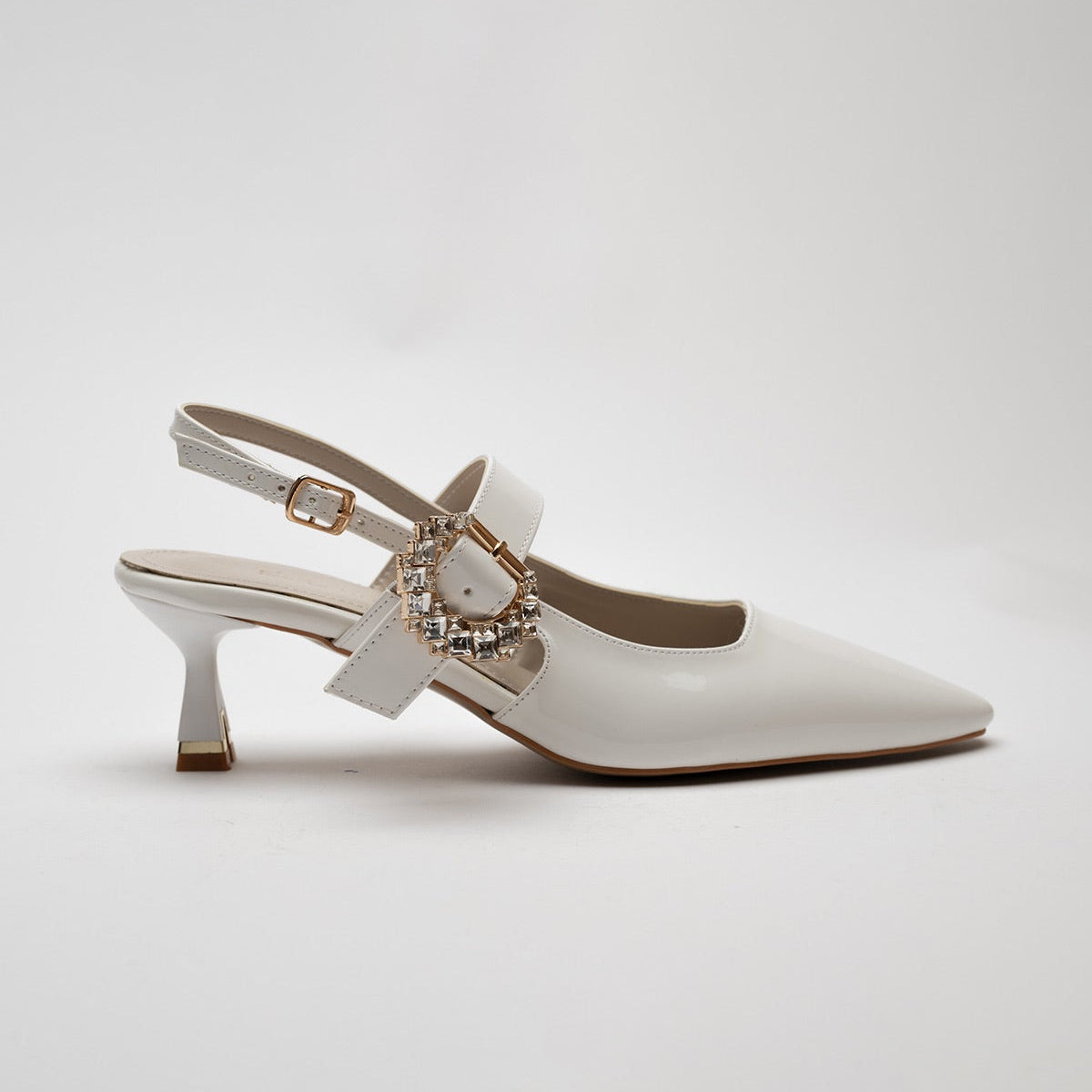 Sue Short Heeled Patent Leather Stiletto with Stone Embellishments