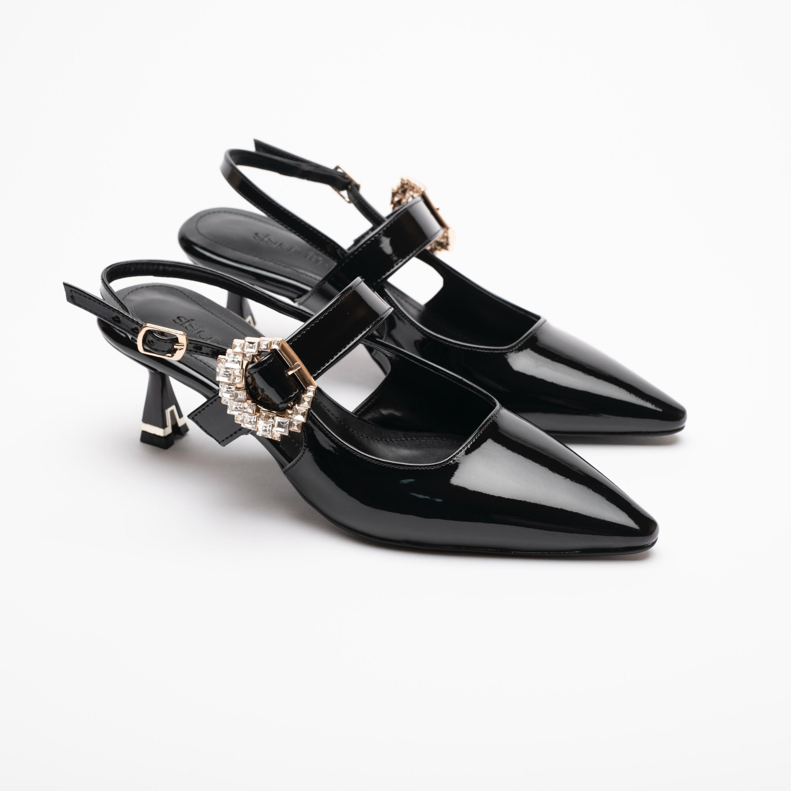 Sue Short Heeled Patent Leather Stiletto with Stone Embellishments