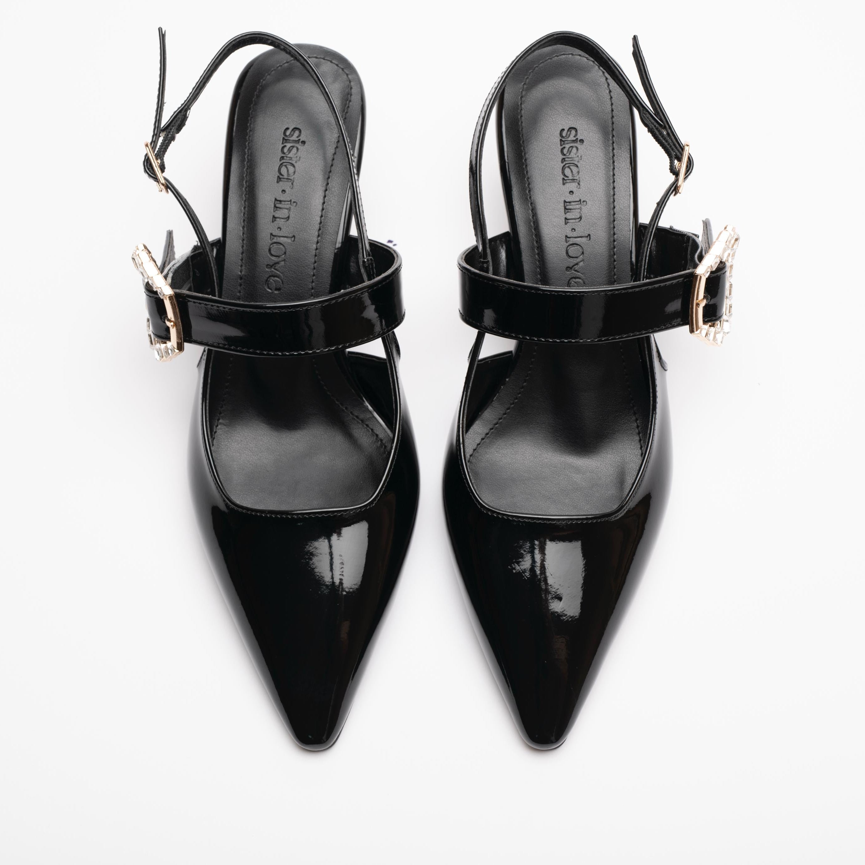 Sue Short Heeled Patent Leather Stiletto with Stone Embellishments